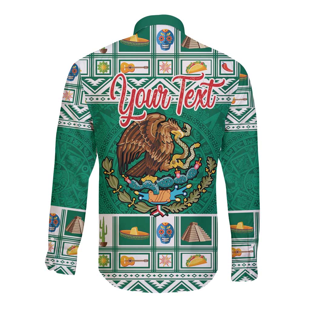 Personalized Mexico Christmas Long Sleeve Button Shirt Coat Of Arms With Aztec Mexican Patterns - Wonder Print Shop
