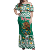 Personalized Mexico Christmas Off Shoulder Maxi Dress Coat Of Arms With Aztec Mexican Patterns - Wonder Print Shop