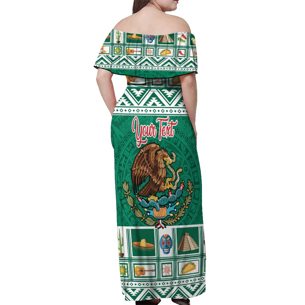 Personalized Mexico Christmas Off Shoulder Maxi Dress Coat Of Arms With Aztec Mexican Patterns - Wonder Print Shop