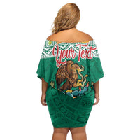 Personalized Mexico Christmas Off Shoulder Short Dress Coat Of Arms With Aztec Mexican Patterns - Wonder Print Shop