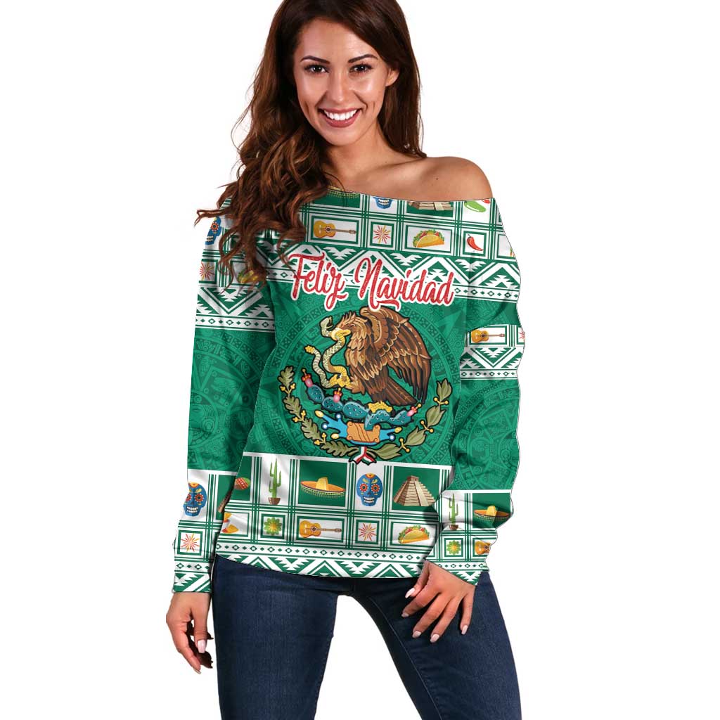 Personalized Mexico Christmas Off Shoulder Sweater Coat Of Arms With Aztec Mexican Patterns - Wonder Print Shop