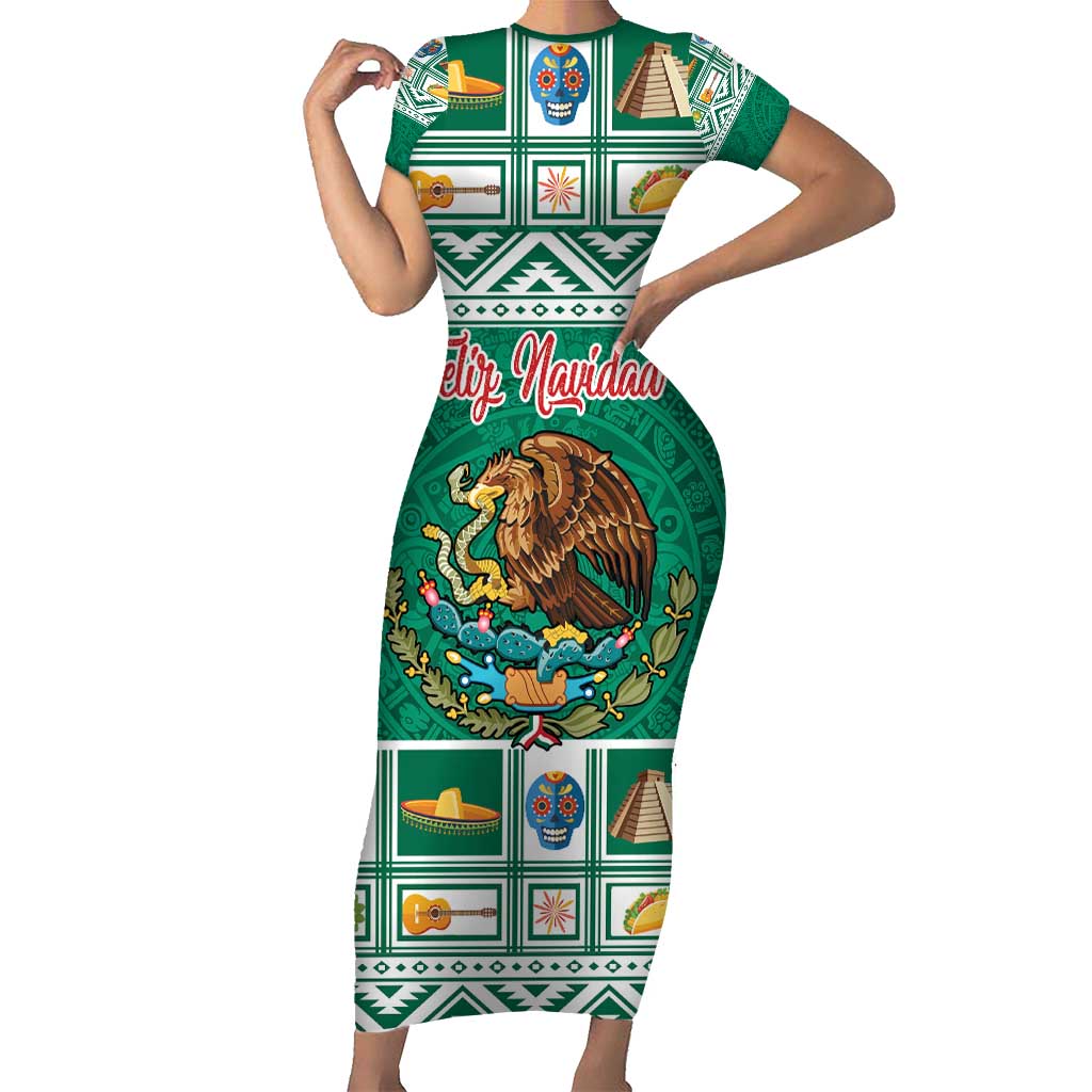 Personalized Mexico Christmas Short Sleeve Bodycon Dress Coat Of Arms With Aztec Mexican Patterns - Wonder Print Shop