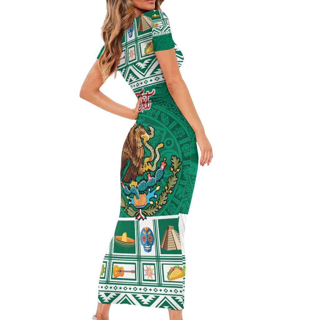 Personalized Mexico Christmas Short Sleeve Bodycon Dress Coat Of Arms With Aztec Mexican Patterns - Wonder Print Shop