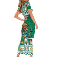 Personalized Mexico Christmas Short Sleeve Bodycon Dress Coat Of Arms With Aztec Mexican Patterns - Wonder Print Shop