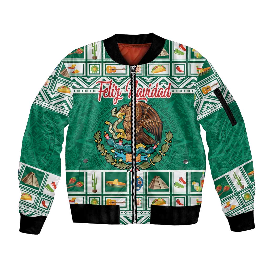 Personalized Mexico Christmas Sleeve Zip Bomber Jacket Coat Of Arms With Aztec Mexican Patterns - Wonder Print Shop