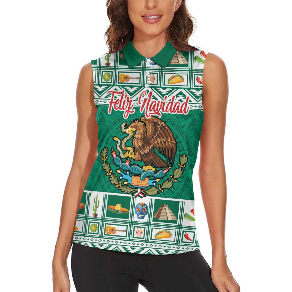 Personalized Mexico Christmas Women Sleeveless Polo Shirt Coat Of Arms With Aztec Mexican Patterns - Wonder Print Shop