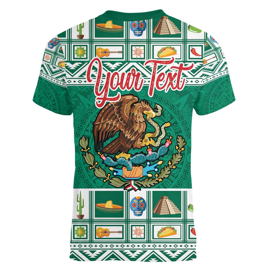 Personalized Mexico Christmas Women V-Neck T-Shirt Coat Of Arms With Aztec Mexican Patterns - Wonder Print Shop