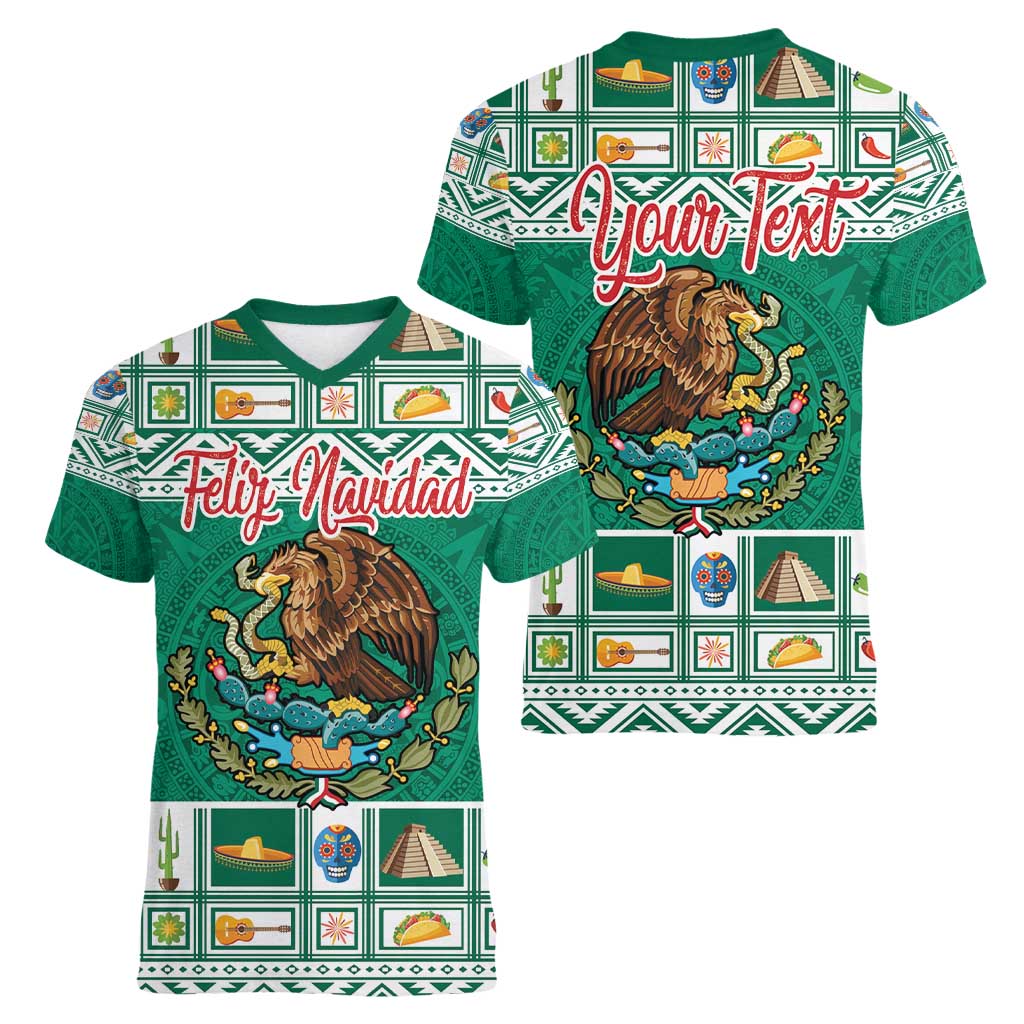 Personalized Mexico Christmas Women V-Neck T-Shirt Coat Of Arms With Aztec Mexican Patterns - Wonder Print Shop