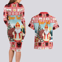Personalized Germany Frohe Weihnachten Couples Matching Long Sleeve Bodycon Dress and Hawaiian Shirt Cute Saint Nicholas With Christmas Tree - Wonder Print Shop