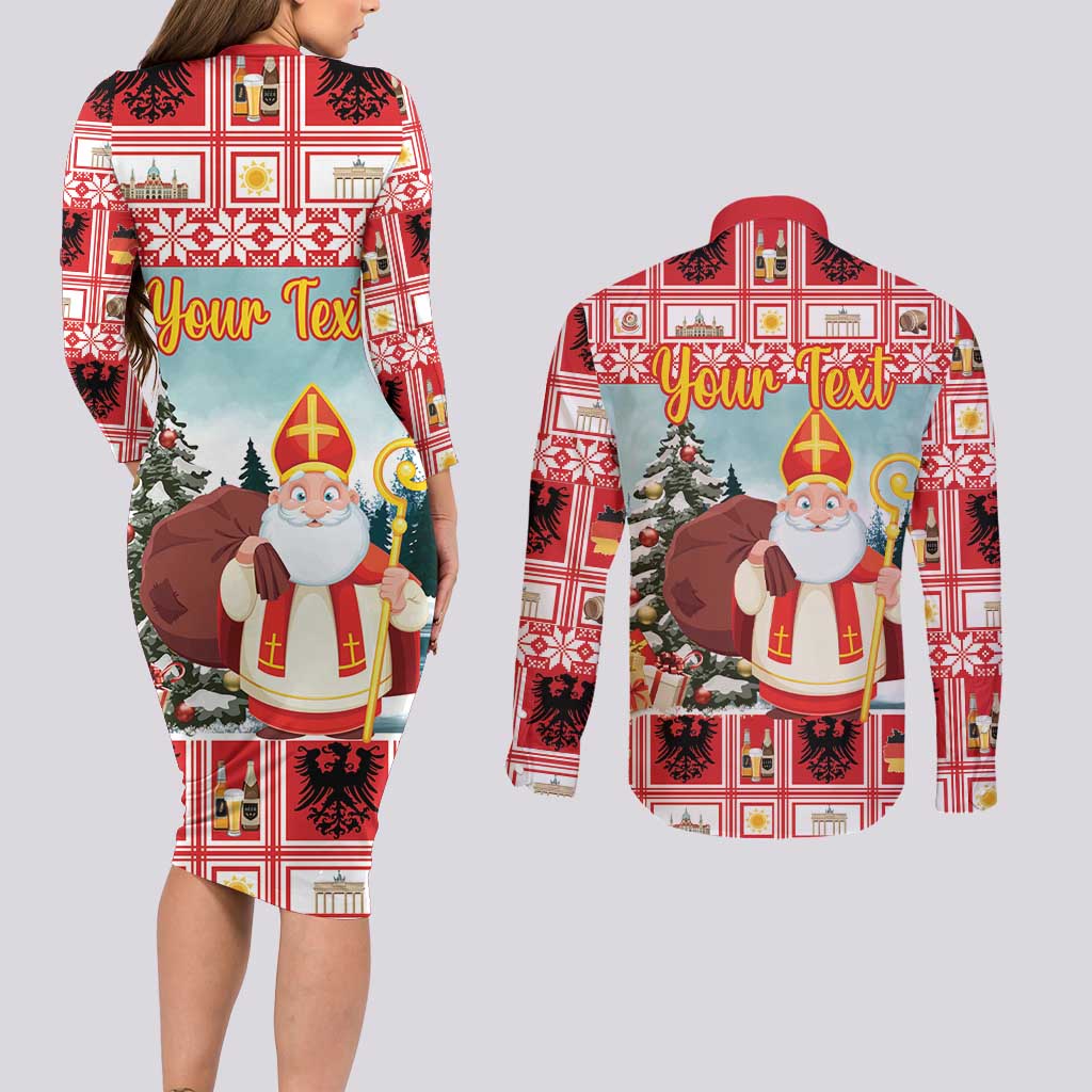 Personalized Germany Frohe Weihnachten Couples Matching Long Sleeve Bodycon Dress and Long Sleeve Button Shirt Cute Saint Nicholas With Christmas Tree - Wonder Print Shop