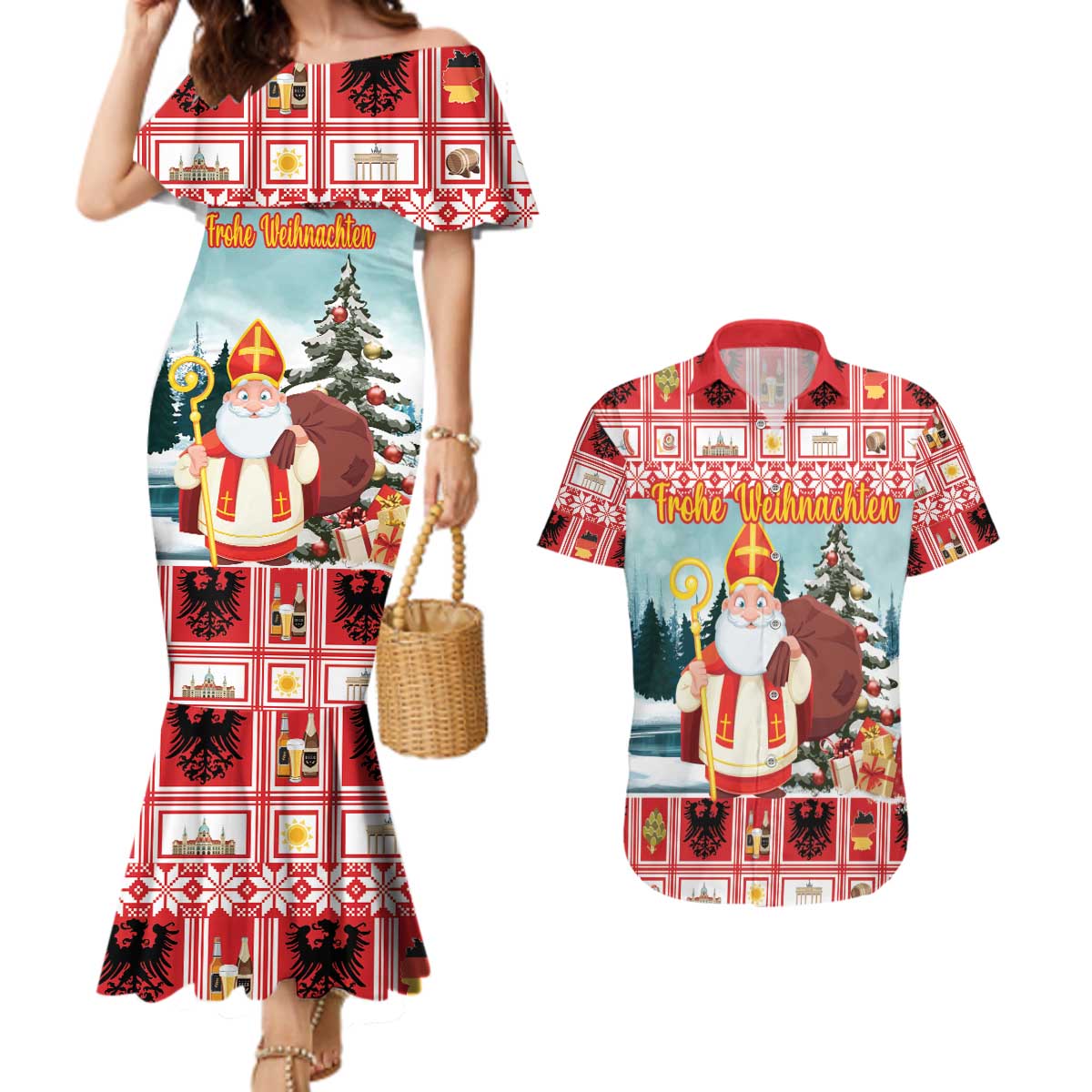 Personalized Germany Frohe Weihnachten Couples Matching Mermaid Dress and Hawaiian Shirt Cute Saint Nicholas With Christmas Tree - Wonder Print Shop