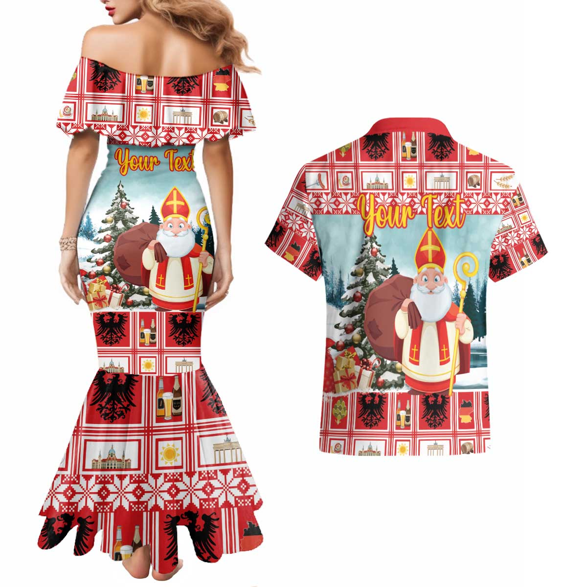 Personalized Germany Frohe Weihnachten Couples Matching Mermaid Dress and Hawaiian Shirt Cute Saint Nicholas With Christmas Tree - Wonder Print Shop
