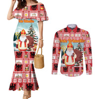 Personalized Germany Frohe Weihnachten Couples Matching Mermaid Dress and Long Sleeve Button Shirt Cute Saint Nicholas With Christmas Tree