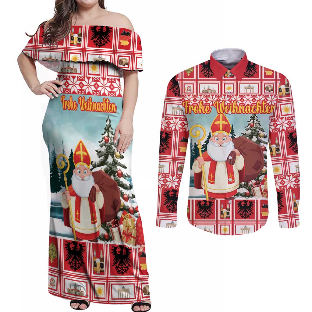 Personalized Germany Frohe Weihnachten Couples Matching Off Shoulder Maxi Dress and Long Sleeve Button Shirt Cute Saint Nicholas With Christmas Tree - Wonder Print Shop