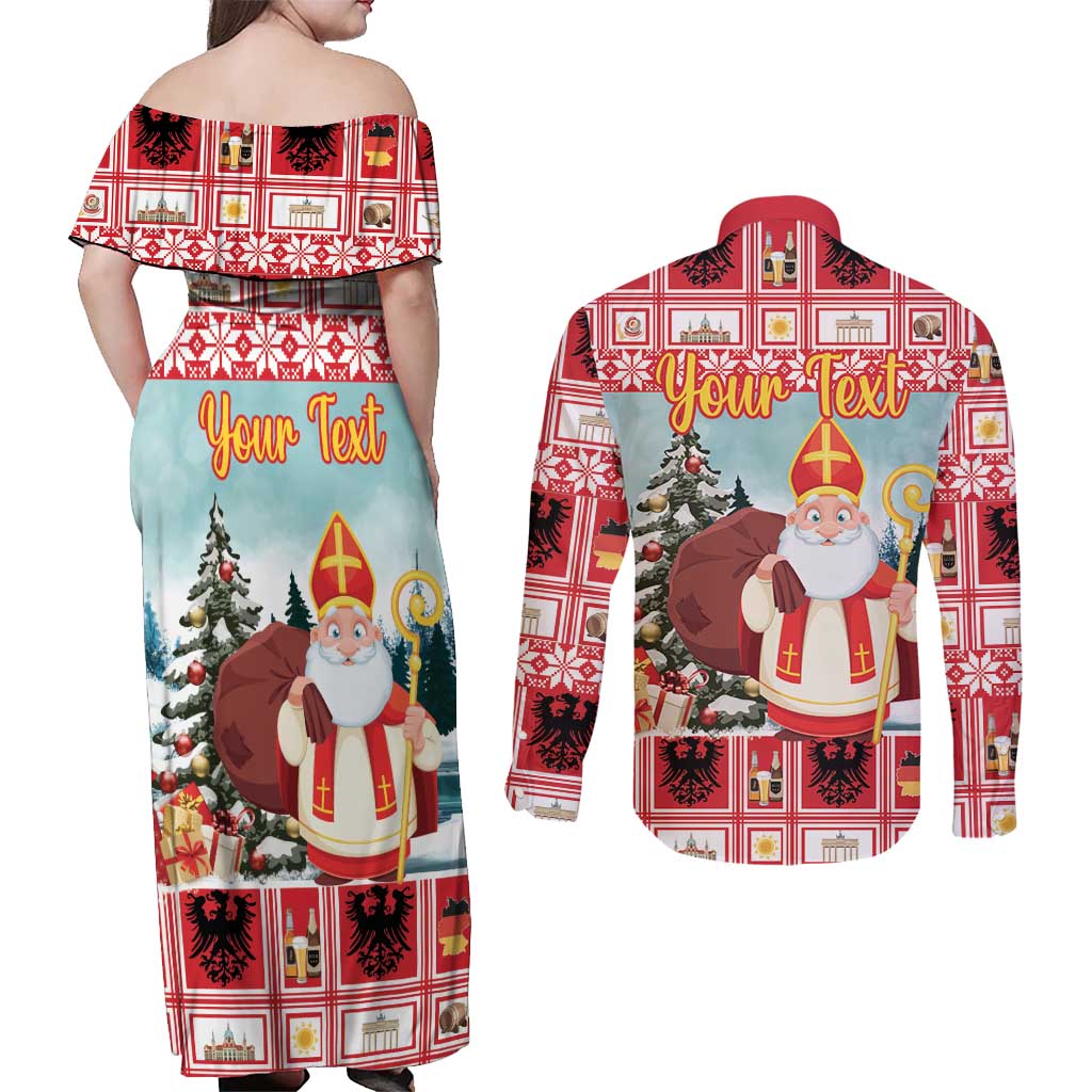 Personalized Germany Frohe Weihnachten Couples Matching Off Shoulder Maxi Dress and Long Sleeve Button Shirt Cute Saint Nicholas With Christmas Tree - Wonder Print Shop