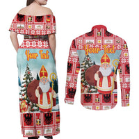 Personalized Germany Frohe Weihnachten Couples Matching Off Shoulder Maxi Dress and Long Sleeve Button Shirt Cute Saint Nicholas With Christmas Tree - Wonder Print Shop