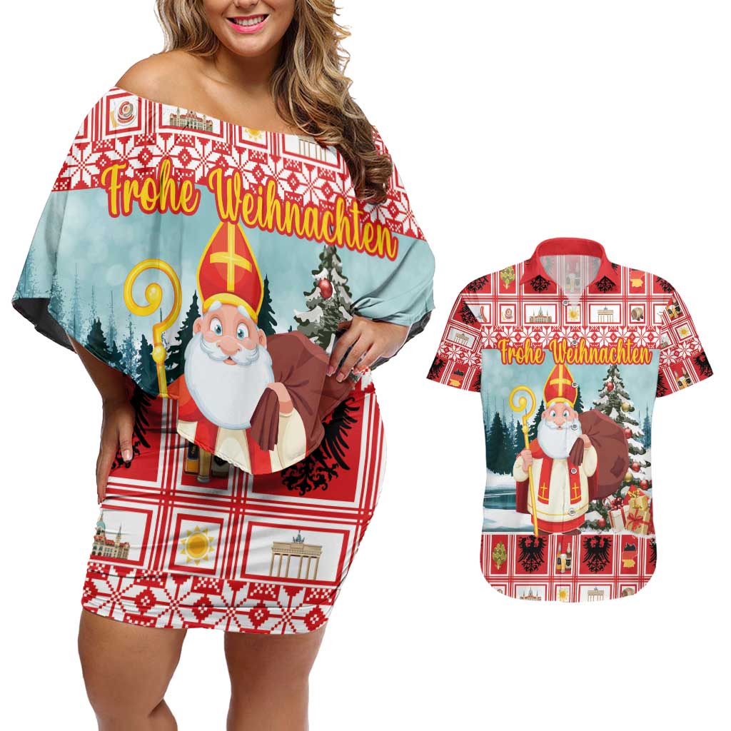 Personalized Germany Frohe Weihnachten Couples Matching Off Shoulder Short Dress and Hawaiian Shirt Cute Saint Nicholas With Christmas Tree - Wonder Print Shop