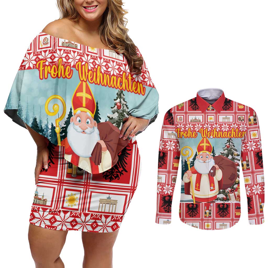 Personalized Germany Frohe Weihnachten Couples Matching Off Shoulder Short Dress and Long Sleeve Button Shirt Cute Saint Nicholas With Christmas Tree - Wonder Print Shop