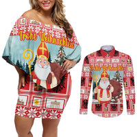 Personalized Germany Frohe Weihnachten Couples Matching Off Shoulder Short Dress and Long Sleeve Button Shirt Cute Saint Nicholas With Christmas Tree - Wonder Print Shop