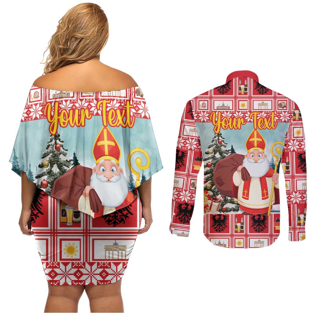 Personalized Germany Frohe Weihnachten Couples Matching Off Shoulder Short Dress and Long Sleeve Button Shirt Cute Saint Nicholas With Christmas Tree - Wonder Print Shop