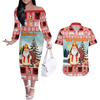 Personalized Germany Frohe Weihnachten Couples Matching Off The Shoulder Long Sleeve Dress and Hawaiian Shirt Cute Saint Nicholas With Christmas Tree - Wonder Print Shop