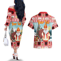 Personalized Germany Frohe Weihnachten Couples Matching Off The Shoulder Long Sleeve Dress and Hawaiian Shirt Cute Saint Nicholas With Christmas Tree - Wonder Print Shop