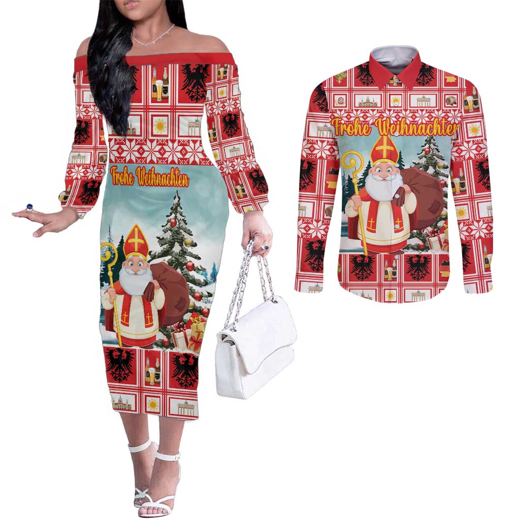 Personalized Germany Frohe Weihnachten Couples Matching Off The Shoulder Long Sleeve Dress and Long Sleeve Button Shirt Cute Saint Nicholas With Christmas Tree