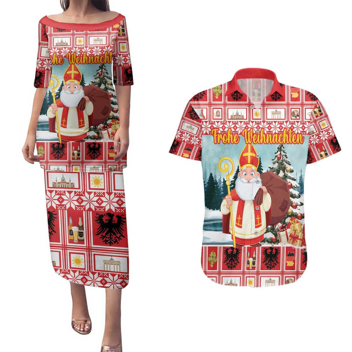 Personalized Germany Frohe Weihnachten Couples Matching Puletasi and Hawaiian Shirt Cute Saint Nicholas With Christmas Tree - Wonder Print Shop