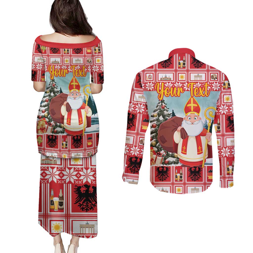 Personalized Germany Frohe Weihnachten Couples Matching Puletasi and Long Sleeve Button Shirt Cute Saint Nicholas With Christmas Tree - Wonder Print Shop