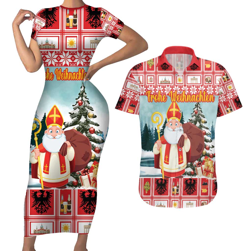 Personalized Germany Frohe Weihnachten Couples Matching Short Sleeve Bodycon Dress and Hawaiian Shirt Cute Saint Nicholas With Christmas Tree - Wonder Print Shop