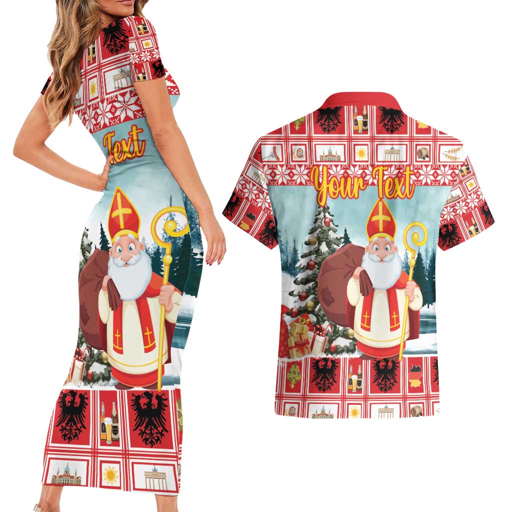 Personalized Germany Frohe Weihnachten Couples Matching Short Sleeve Bodycon Dress and Hawaiian Shirt Cute Saint Nicholas With Christmas Tree - Wonder Print Shop