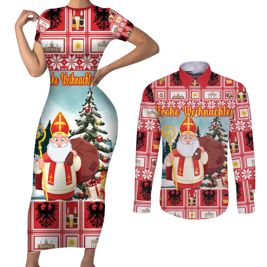 Personalized Germany Frohe Weihnachten Couples Matching Short Sleeve Bodycon Dress and Long Sleeve Button Shirt Cute Saint Nicholas With Christmas Tree - Wonder Print Shop