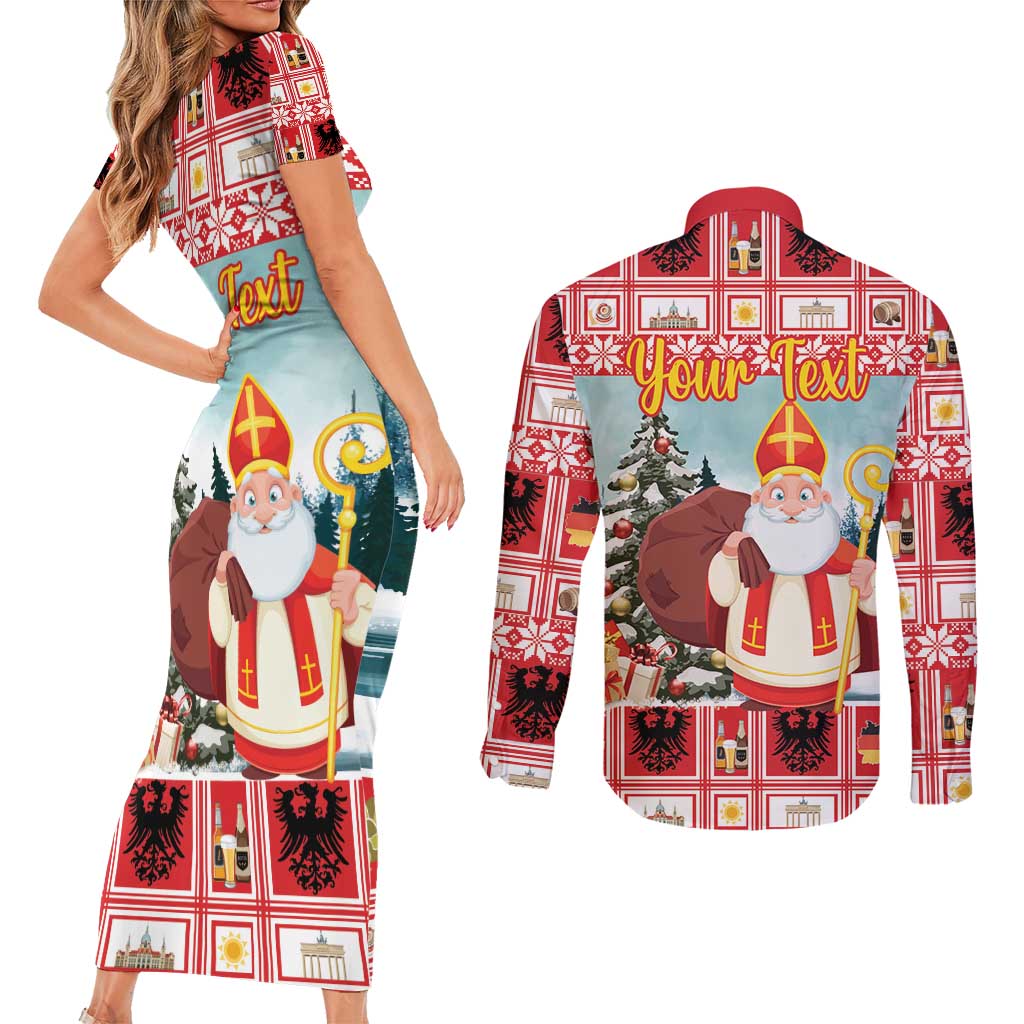 Personalized Germany Frohe Weihnachten Couples Matching Short Sleeve Bodycon Dress and Long Sleeve Button Shirt Cute Saint Nicholas With Christmas Tree - Wonder Print Shop