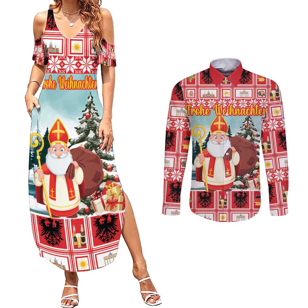Personalized Germany Frohe Weihnachten Couples Matching Summer Maxi Dress and Long Sleeve Button Shirt Cute Saint Nicholas With Christmas Tree - Wonder Print Shop