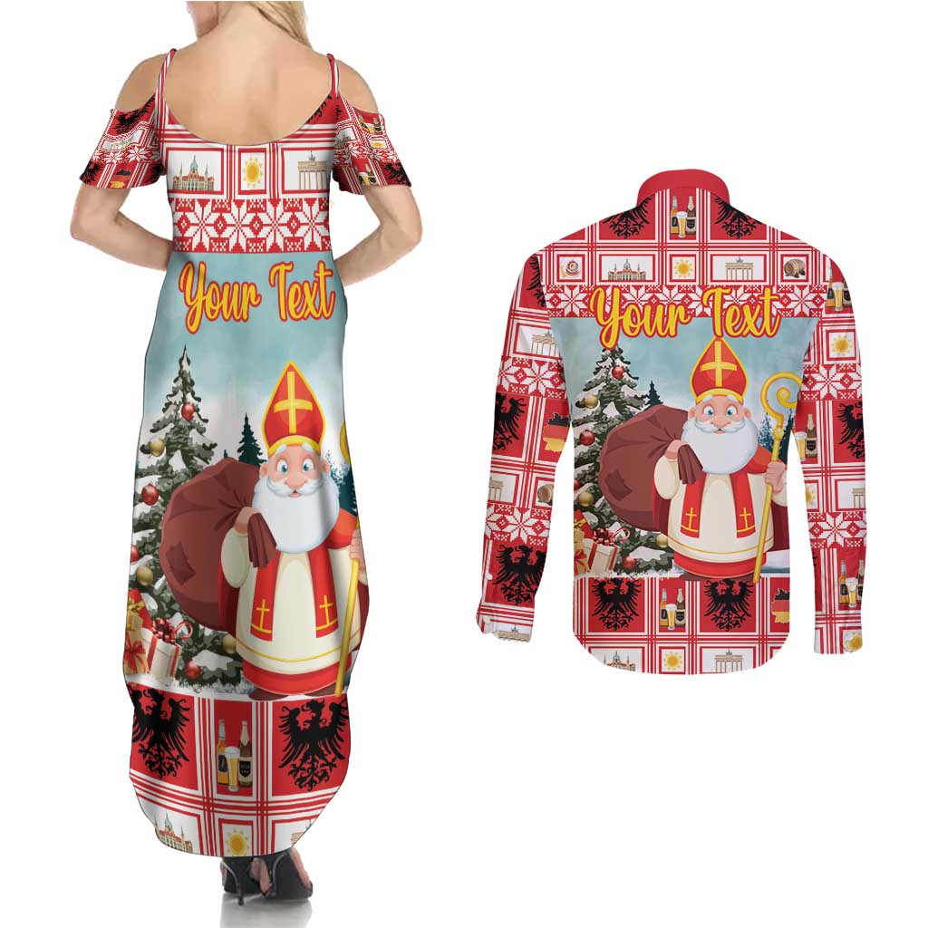 Personalized Germany Frohe Weihnachten Couples Matching Summer Maxi Dress and Long Sleeve Button Shirt Cute Saint Nicholas With Christmas Tree - Wonder Print Shop