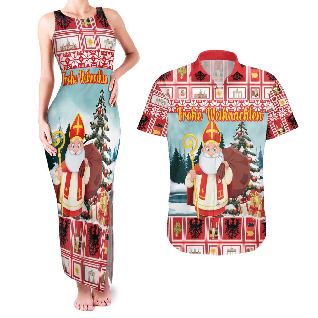 Personalized Germany Frohe Weihnachten Couples Matching Tank Maxi Dress and Hawaiian Shirt Cute Saint Nicholas With Christmas Tree - Wonder Print Shop