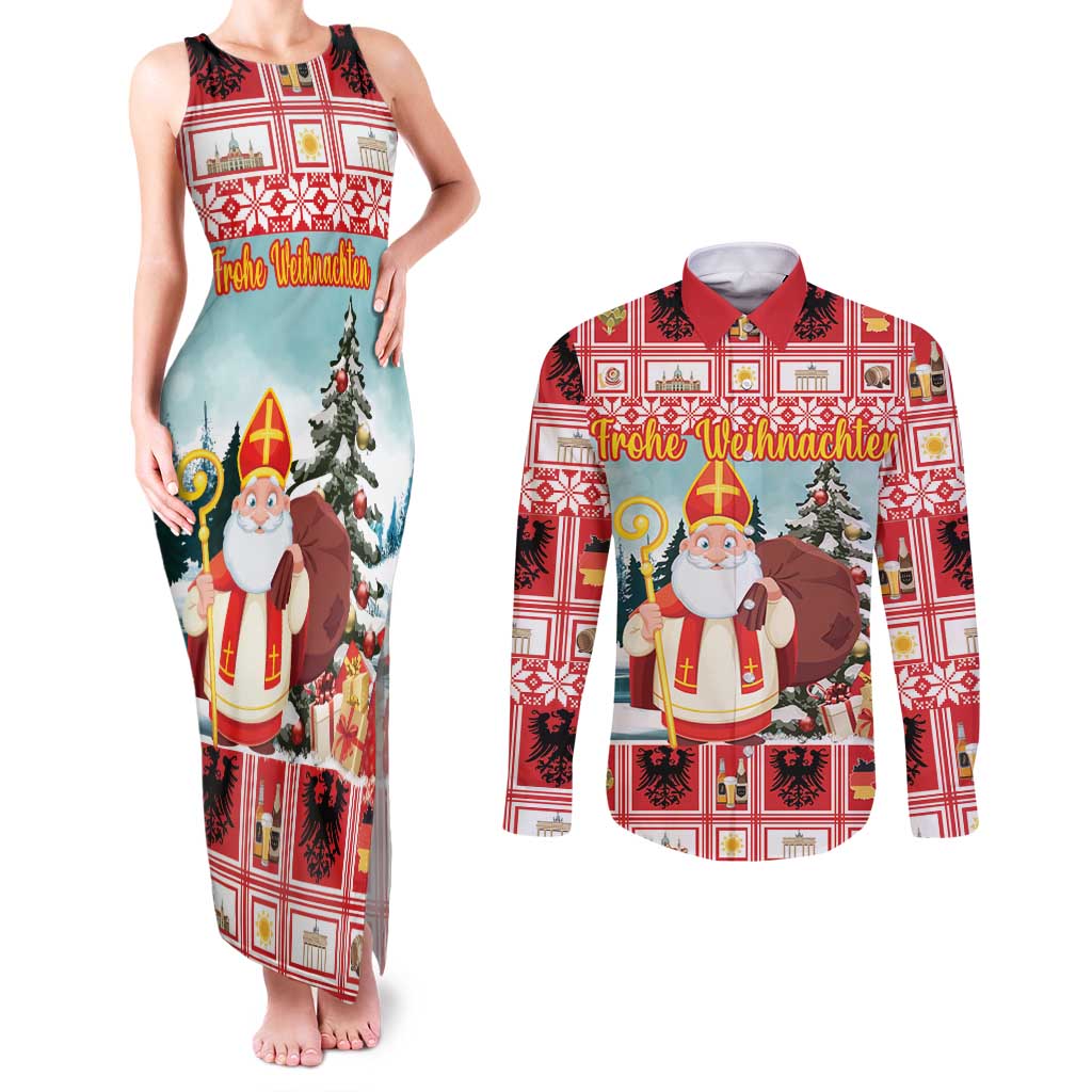 Personalized Germany Frohe Weihnachten Couples Matching Tank Maxi Dress and Long Sleeve Button Shirt Cute Saint Nicholas With Christmas Tree - Wonder Print Shop