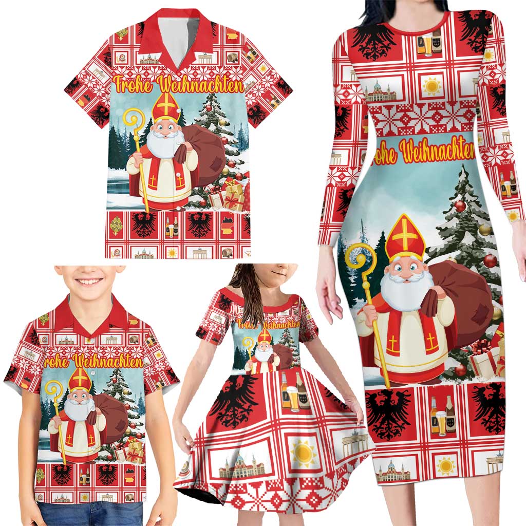 Personalized Germany Frohe Weihnachten Family Matching Long Sleeve Bodycon Dress and Hawaiian Shirt Cute Saint Nicholas With Christmas Tree - Wonder Print Shop