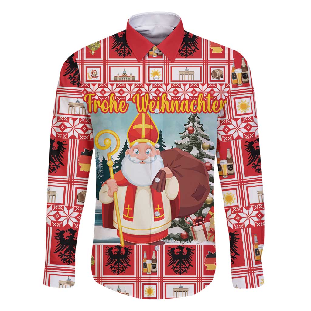 Personalized Germany Frohe Weihnachten Family Matching Long Sleeve Bodycon Dress and Hawaiian Shirt Cute Saint Nicholas With Christmas Tree - Wonder Print Shop
