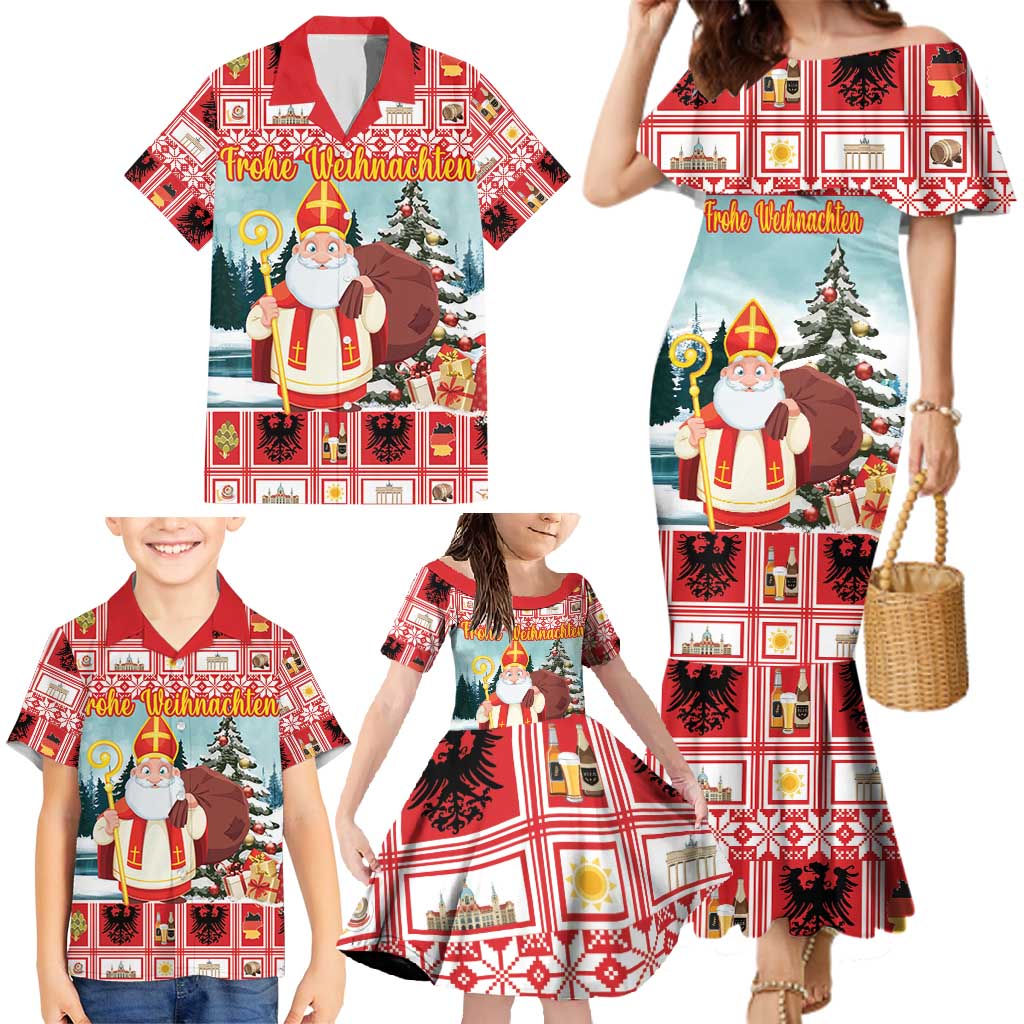 Personalized Germany Frohe Weihnachten Family Matching Mermaid Dress and Hawaiian Shirt Cute Saint Nicholas With Christmas Tree - Wonder Print Shop