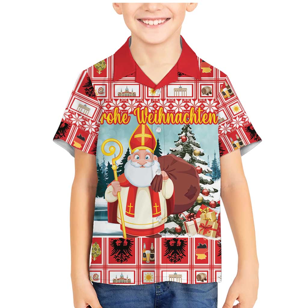 Personalized Germany Frohe Weihnachten Family Matching Mermaid Dress and Hawaiian Shirt Cute Saint Nicholas With Christmas Tree - Wonder Print Shop