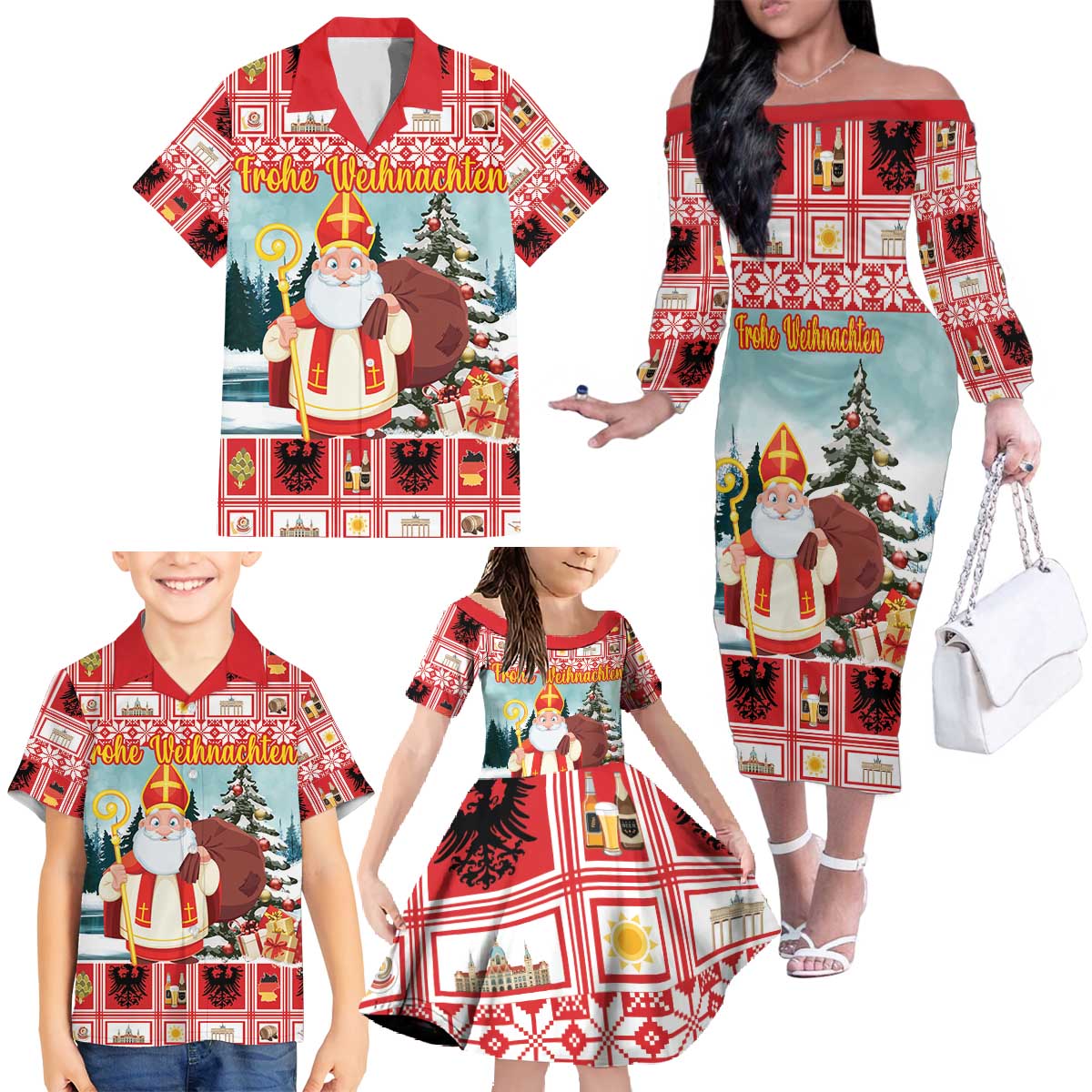 Personalized Germany Frohe Weihnachten Family Matching Off The Shoulder Long Sleeve Dress and Hawaiian Shirt Cute Saint Nicholas With Christmas Tree - Wonder Print Shop