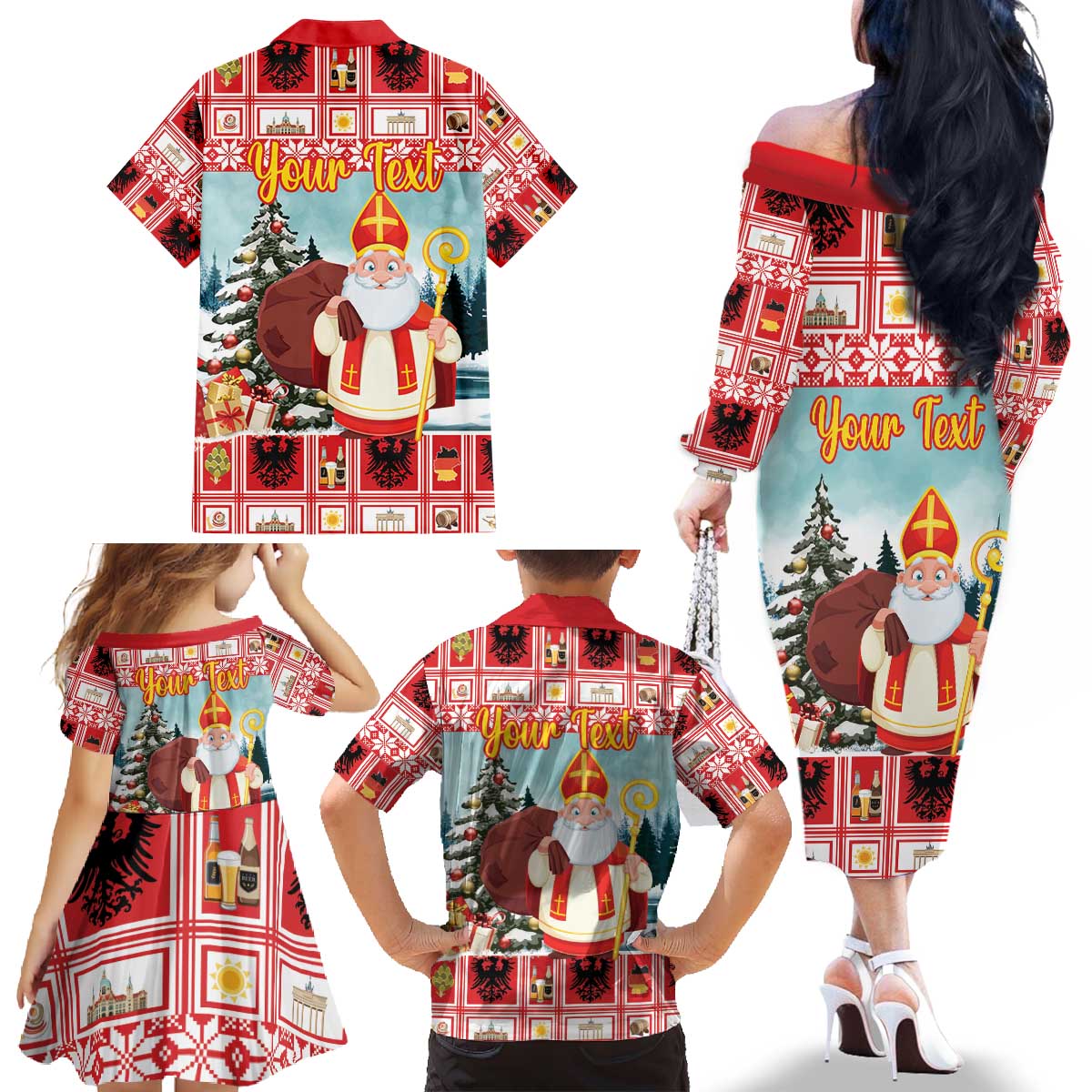 Personalized Germany Frohe Weihnachten Family Matching Off The Shoulder Long Sleeve Dress and Hawaiian Shirt Cute Saint Nicholas With Christmas Tree - Wonder Print Shop