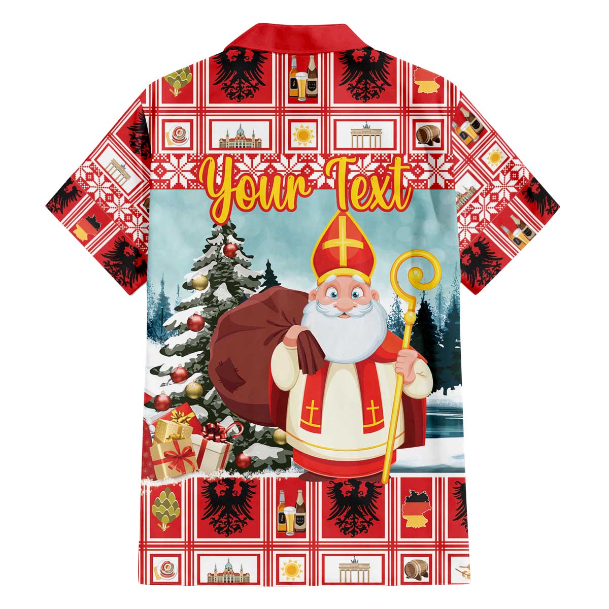Personalized Germany Frohe Weihnachten Family Matching Off The Shoulder Long Sleeve Dress and Hawaiian Shirt Cute Saint Nicholas With Christmas Tree - Wonder Print Shop