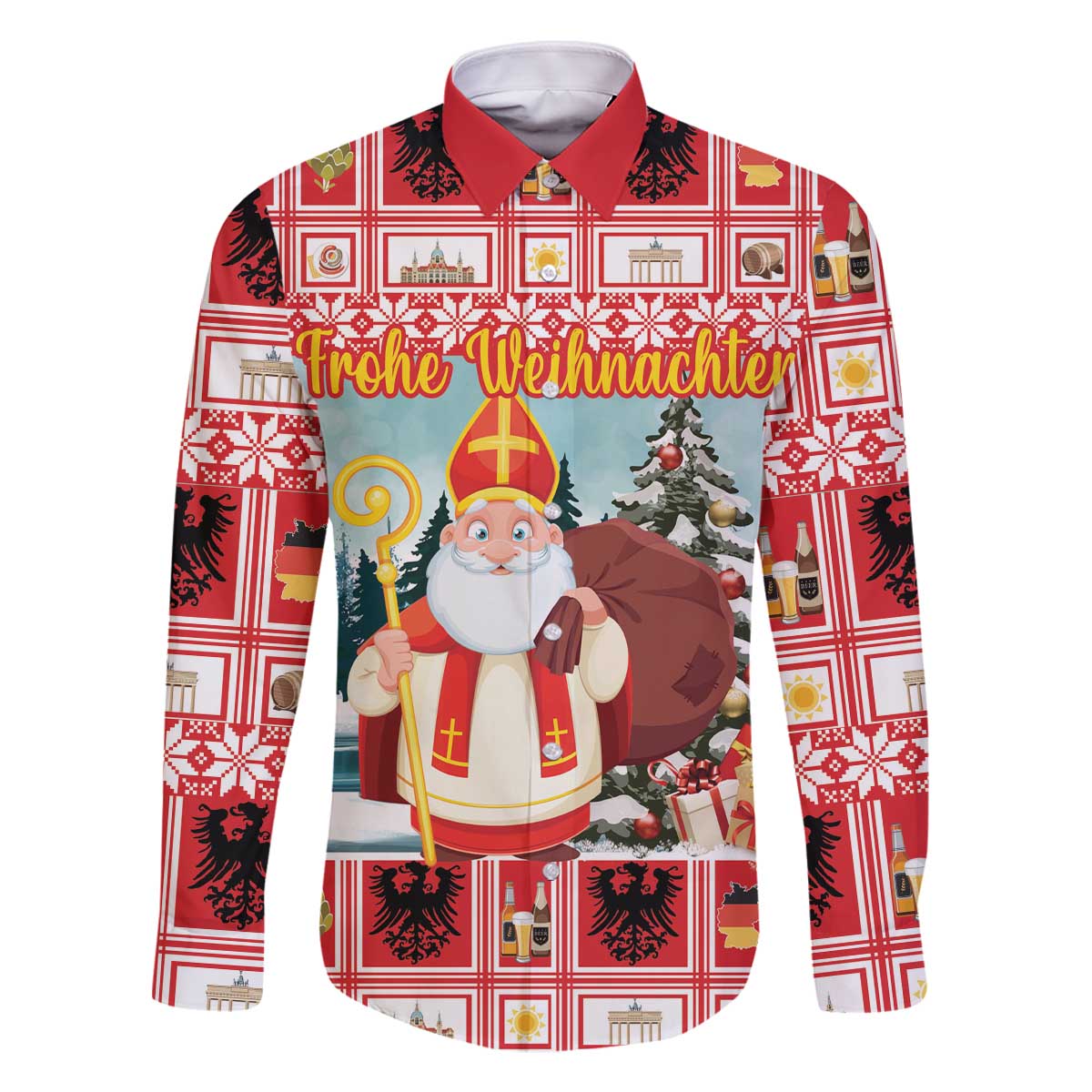 Personalized Germany Frohe Weihnachten Family Matching Off The Shoulder Long Sleeve Dress and Hawaiian Shirt Cute Saint Nicholas With Christmas Tree - Wonder Print Shop