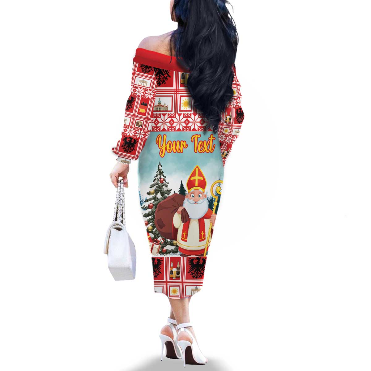 Personalized Germany Frohe Weihnachten Family Matching Off The Shoulder Long Sleeve Dress and Hawaiian Shirt Cute Saint Nicholas With Christmas Tree - Wonder Print Shop