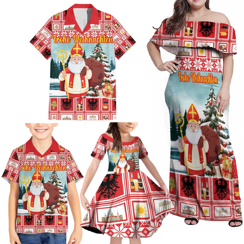 Personalized Germany Frohe Weihnachten Family Matching Off Shoulder Maxi Dress and Hawaiian Shirt Cute Saint Nicholas With Christmas Tree - Wonder Print Shop
