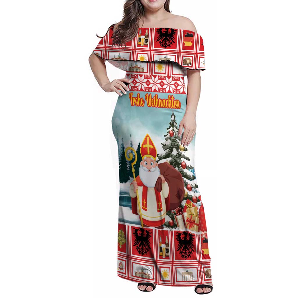 Personalized Germany Frohe Weihnachten Family Matching Off Shoulder Maxi Dress and Hawaiian Shirt Cute Saint Nicholas With Christmas Tree - Wonder Print Shop