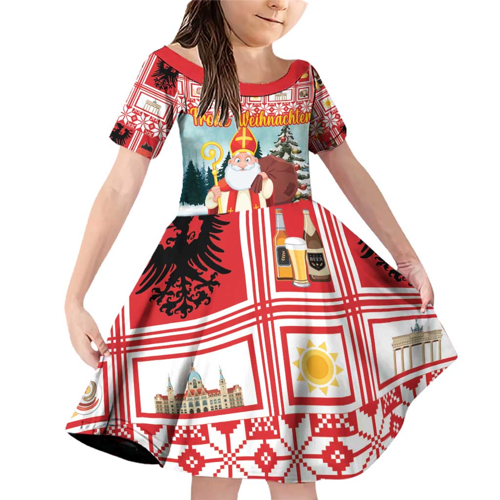 Personalized Germany Frohe Weihnachten Family Matching Off Shoulder Short Dress and Hawaiian Shirt Cute Saint Nicholas With Christmas Tree - Wonder Print Shop