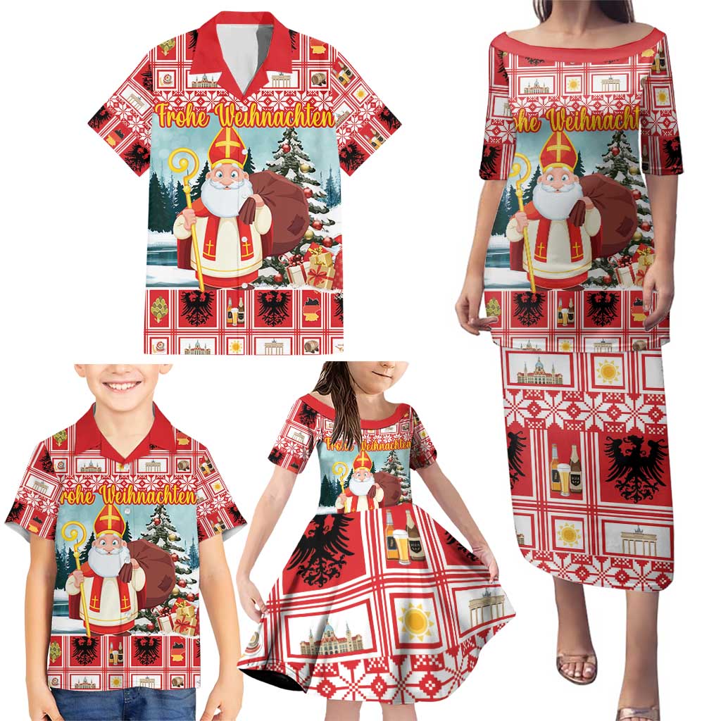 Personalized Germany Frohe Weihnachten Family Matching Puletasi and Hawaiian Shirt Cute Saint Nicholas With Christmas Tree - Wonder Print Shop